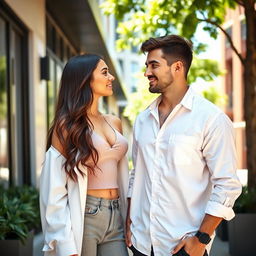 A young woman with an attractive appearance and large breasts is standing confidently while a man admires her with an appreciative gaze
