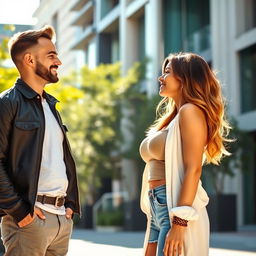 A young woman with an attractive appearance and large breasts is standing confidently while a man admires her with an appreciative gaze