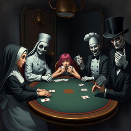 A whimsical and surreal scene depicting a pretty nun with an elegant habit sitting at a poker table, intently focused on the cards
