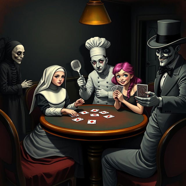 A whimsical and surreal scene depicting a pretty nun with an elegant habit sitting at a poker table, intently focused on the cards