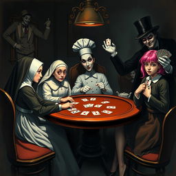 A whimsical and surreal scene depicting a pretty nun with an elegant habit sitting at a poker table, intently focused on the cards