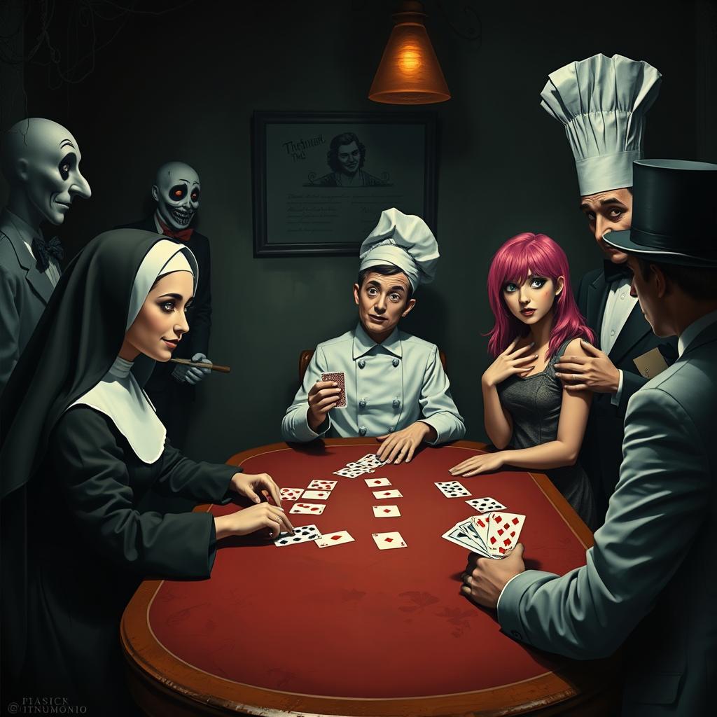 A whimsical and surreal scene depicting a pretty nun with an elegant habit sitting at a poker table, intently focused on the cards