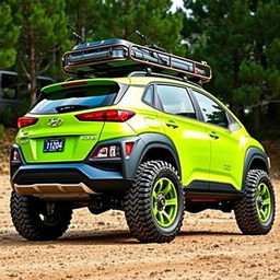 A vibrant lime green 2020 Hyundai Kona, equipped with a rugged roof rack and oversized off-road tires and wheels