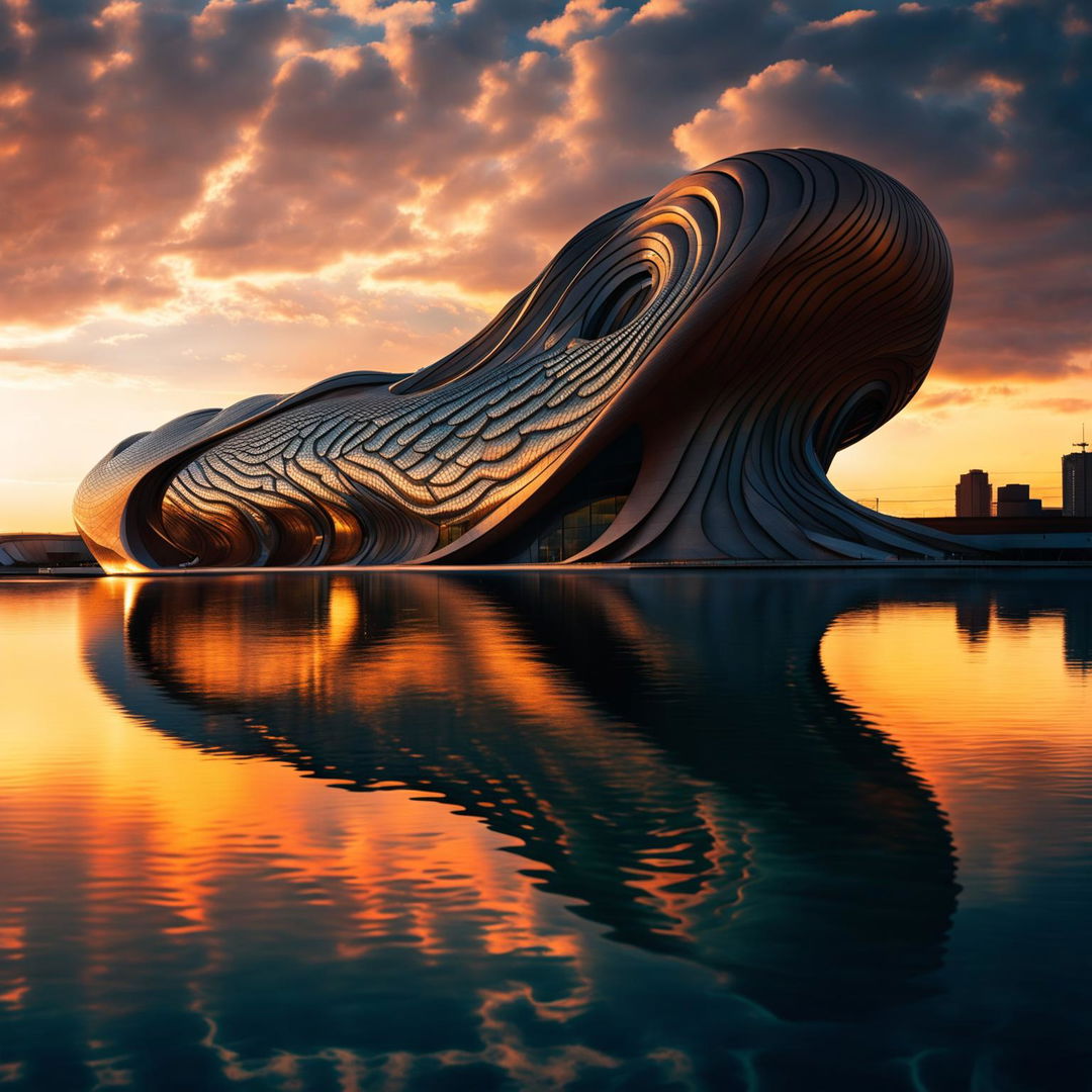 Futuristic building with snake skin-like facade under a setting sun, surrounded by calm water with shadows playing off its curved form