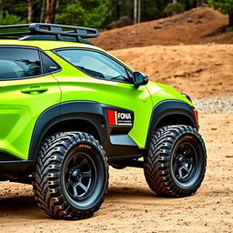 A vibrant lime green 2020 Hyundai Kona, equipped with a rugged roof rack and oversized off-road tires and wheels