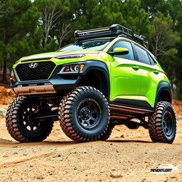 A vibrant lime green 2020 Hyundai Kona, equipped with a rugged roof rack and oversized off-road tires and wheels