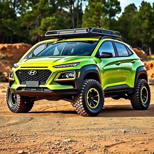 A vibrant lime green 2020 Hyundai Kona, equipped with a rugged roof rack and oversized off-road tires and wheels