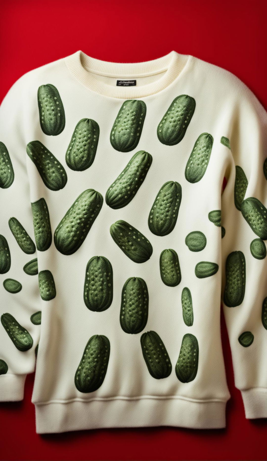 Editorial photo of a cashmere sweatshirt with repeating pickle print, taken with a 200mm lens in 32k resolution.