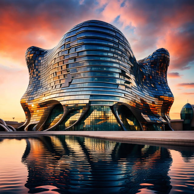 Futuristic building with snake skin-like facade, adorned with many small glass windows reflecting the calm water, under a setting sun