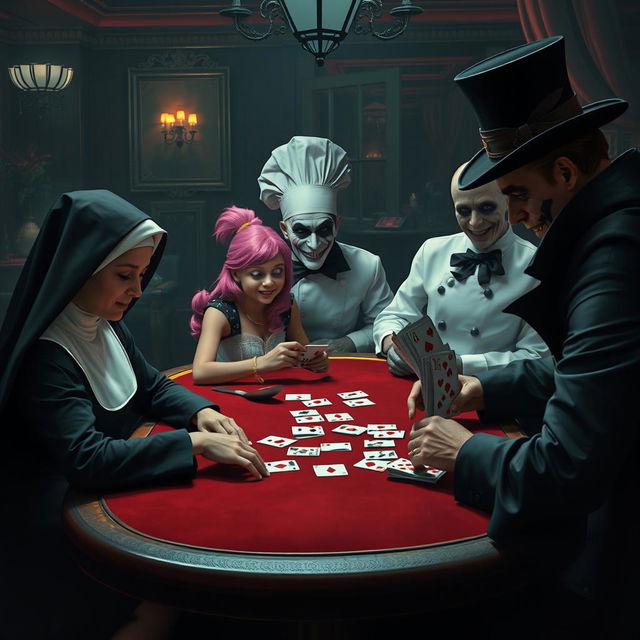 A captivating scene set in a sinister casino, where a pretty nun in an elegant habit, exuding serenity, sits at a poker table surrounded by unusual characters