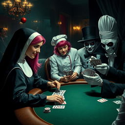 A captivating scene set in a sinister casino, where a pretty nun in an elegant habit, exuding serenity, sits at a poker table surrounded by unusual characters