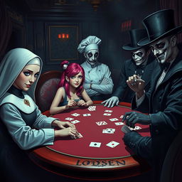 A captivating scene set in a sinister casino, where a pretty nun in an elegant habit, exuding serenity, sits at a poker table surrounded by unusual characters