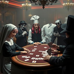 A captivating scene set in a sinister casino, where a pretty nun in an elegant habit, exuding serenity, sits at a poker table surrounded by unusual characters