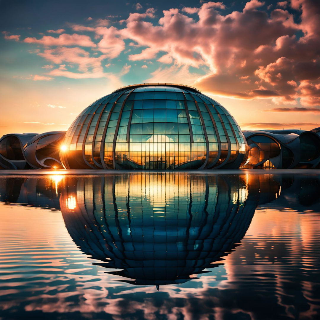 Perfect dome-shaped futuristic building with snake skin-like facade, adorned with many small glass windows reflecting the calm water, under a setting sun