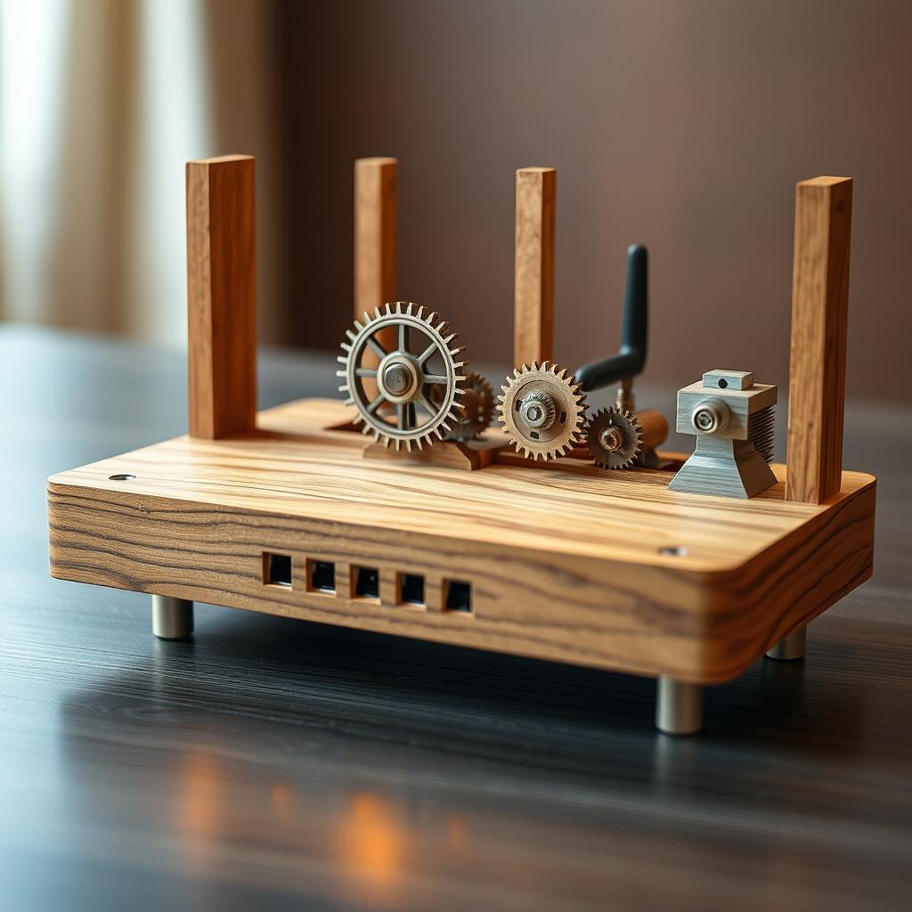 A wooden internet router intricately designed with exposed gears and cogs