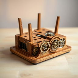 A wooden internet router intricately designed with exposed gears and cogs