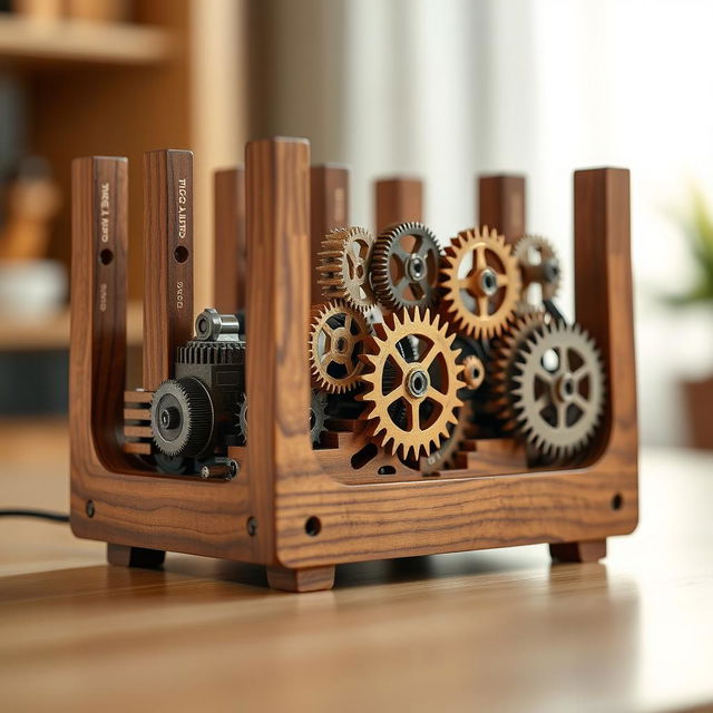 A wooden internet router intricately designed with exposed gears and cogs