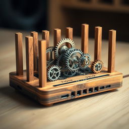 A wooden internet router intricately designed with exposed gears and cogs
