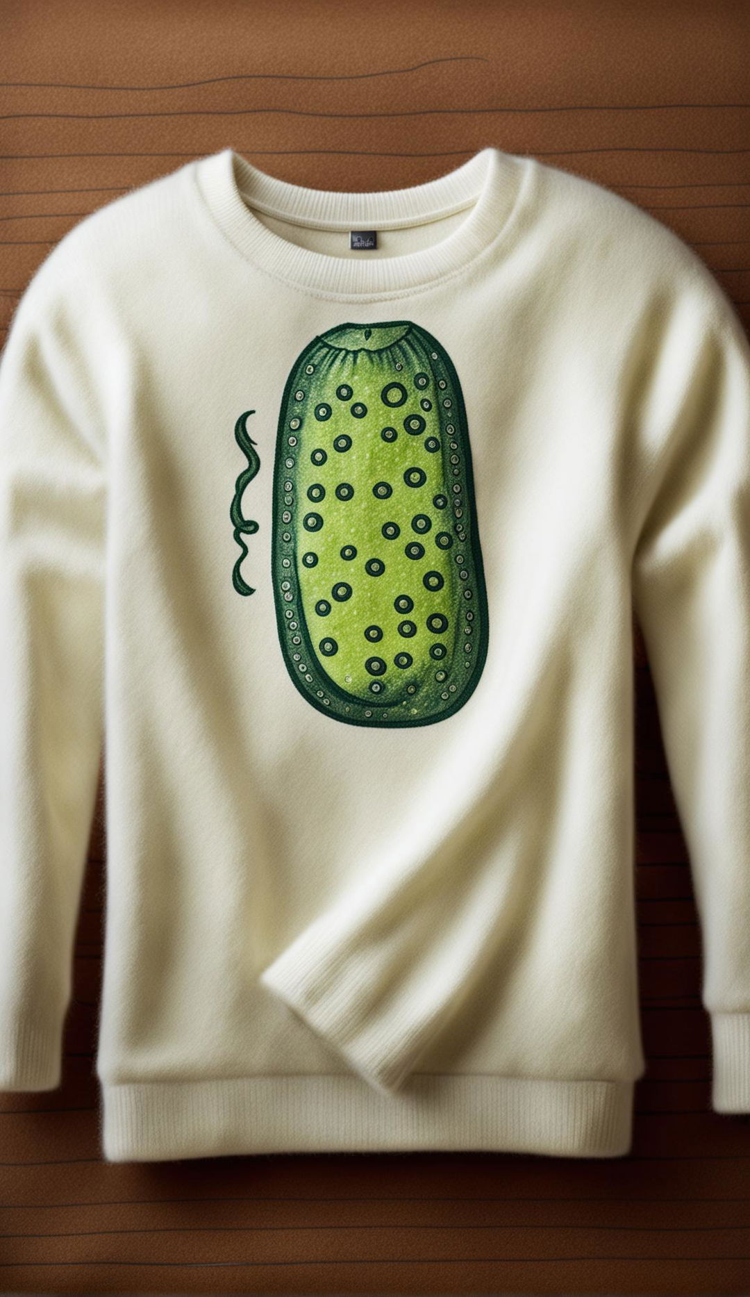 Editorial photo of a cashmere sweatshirt with a single pickle chest logo, taken with a 200mm lens in 32k resolution.