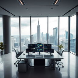 A modern office interior located on the 50th floor, featuring a sleek and stylish desk with multiple screens displaying various data