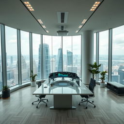 A modern office interior located on the 50th floor, featuring a sleek and stylish desk with multiple screens displaying various data