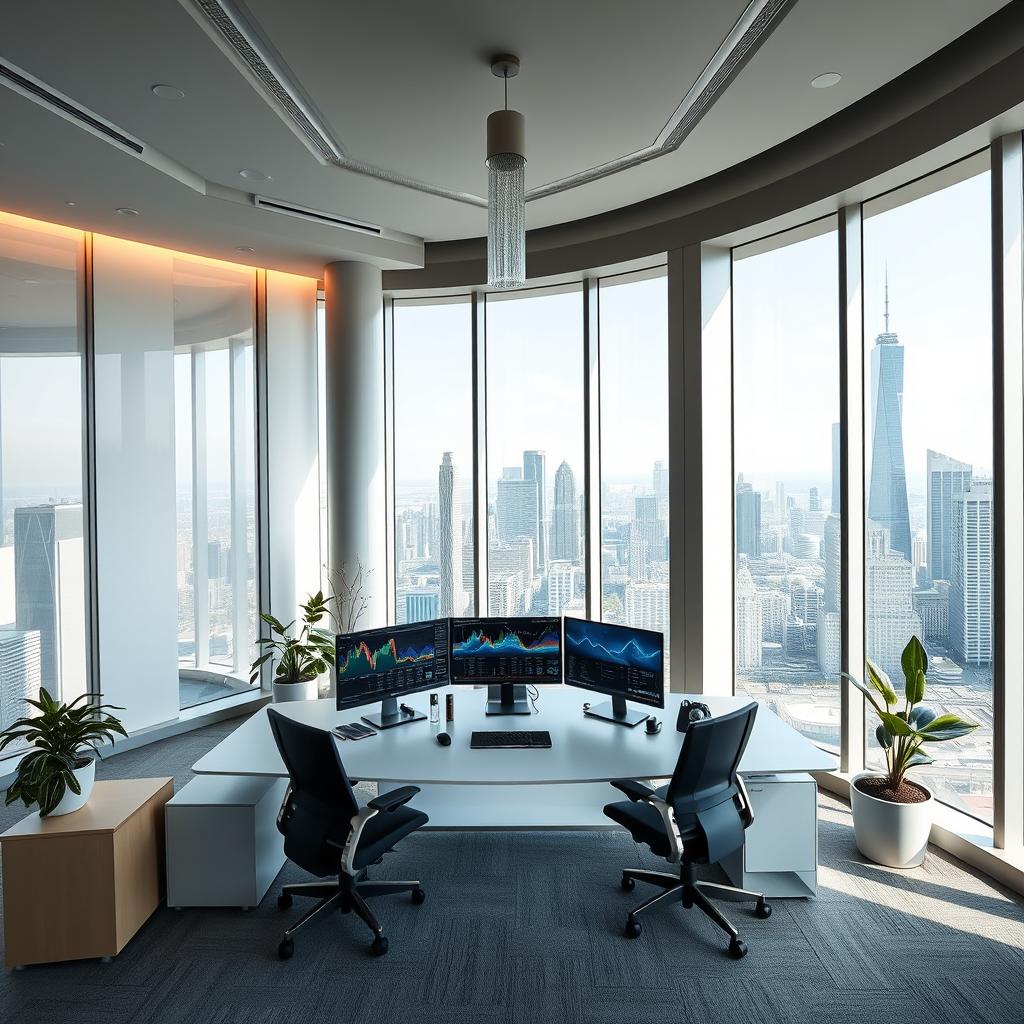 A modern office interior located on the 50th floor, featuring a sleek and stylish desk with multiple screens displaying various data