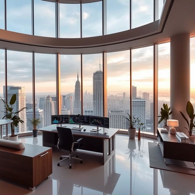 A modern office interior located on the 50th floor, featuring a sleek and stylish desk with multiple screens displaying various data