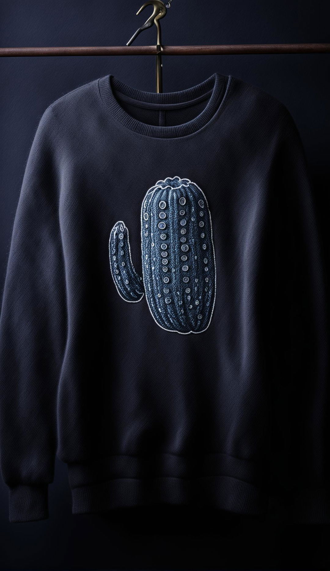 Luxurious cashmere sweatshirt with a quirky pickle logo on the chest, captured in high resolution (32k) with a 200mm lens.