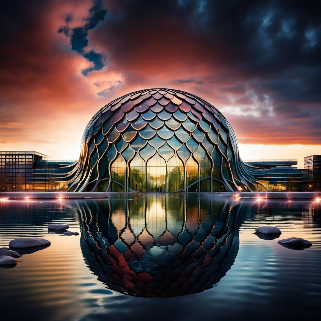 Minimalist, modern dome-shaped building with a twisting rain screen facade inspired by snake skin, adorned with many small glass windows reflecting the calm water, under a setting sun