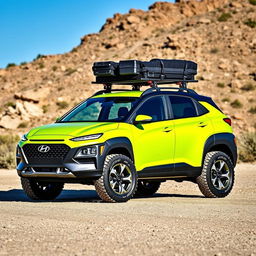 A striking lime green 2020 Hyundai Kona, equipped with a sturdy roof rack and rugged off-road tires and wheels