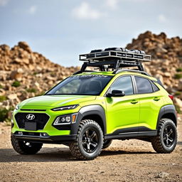 A striking lime green 2020 Hyundai Kona, equipped with a sturdy roof rack and rugged off-road tires and wheels