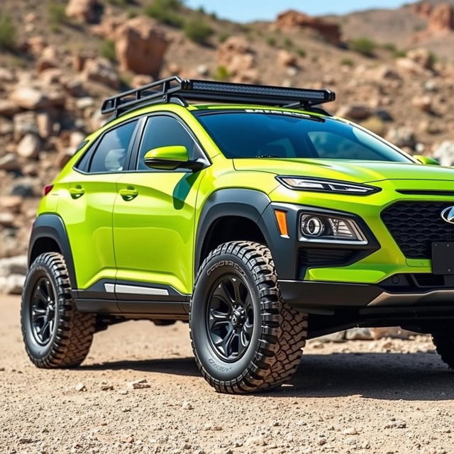 A striking lime green 2020 Hyundai Kona, equipped with a sturdy roof rack and rugged off-road tires and wheels