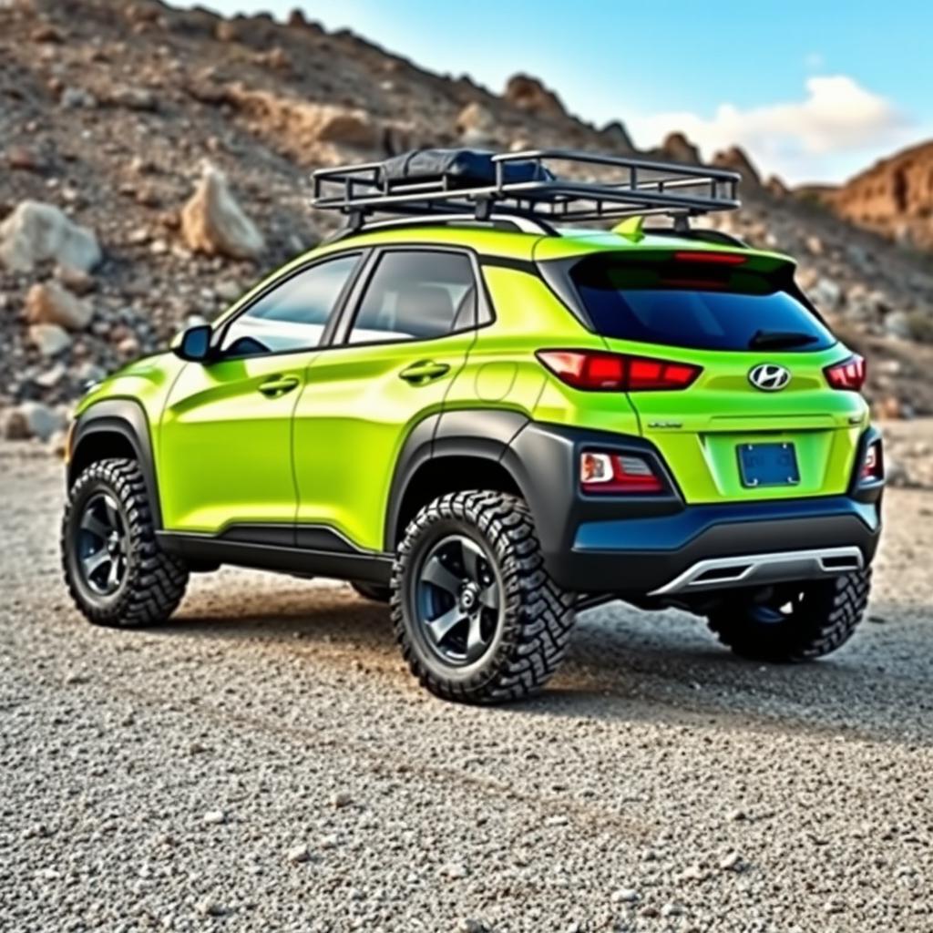 A striking lime green 2020 Hyundai Kona, equipped with a sturdy roof rack and rugged off-road tires and wheels