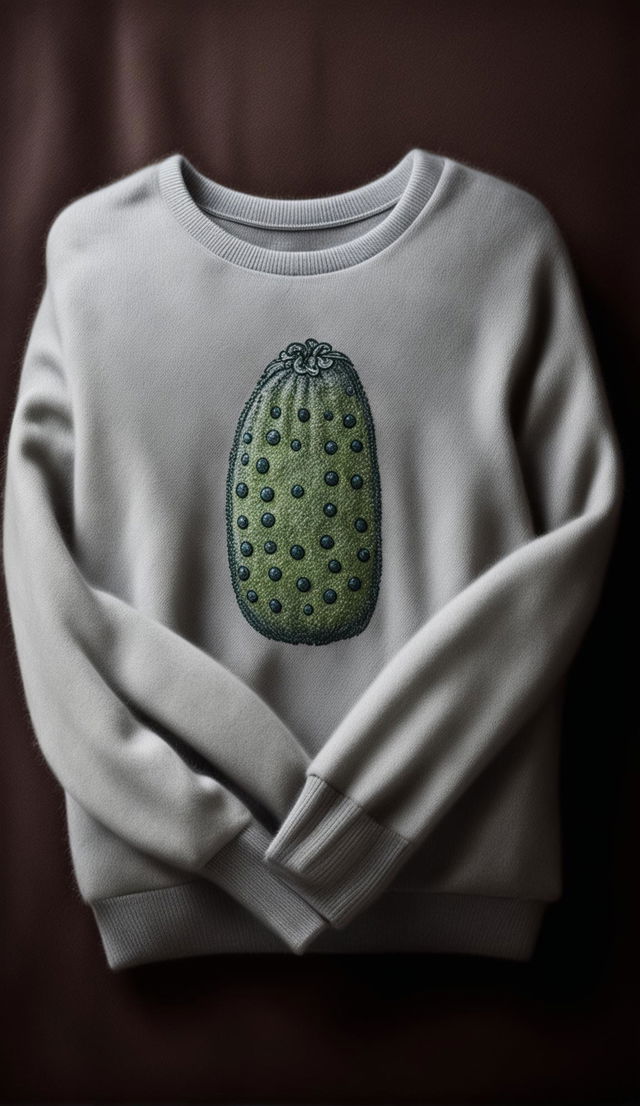 A high-resolution product editorial photograph of a grey cashmere sweatshirt with a single pickle logo on the chest, taken with a 200mm lens