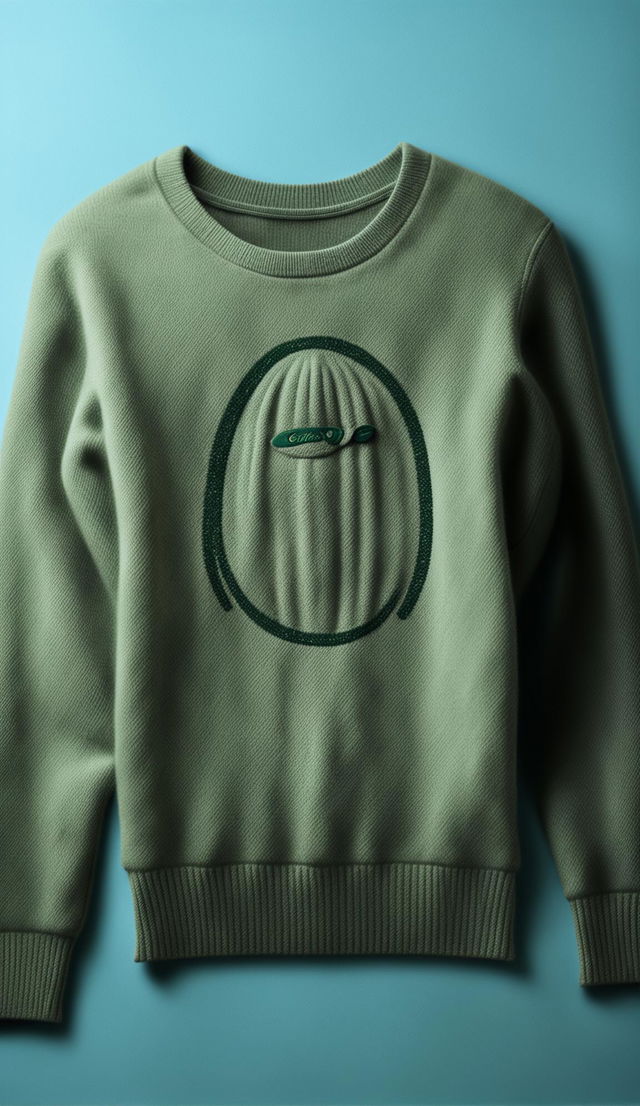 A high-resolution product editorial photo featuring a luxurious cashmere sweatshirt with a single pickle logo on the chest, captured with a 200mm lens