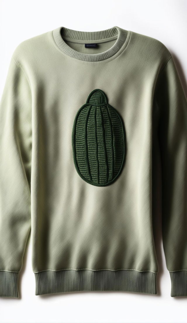 A detailed product editorial photo of a luxurious cashmere sweatshirt with a unique pickle logo on the chest