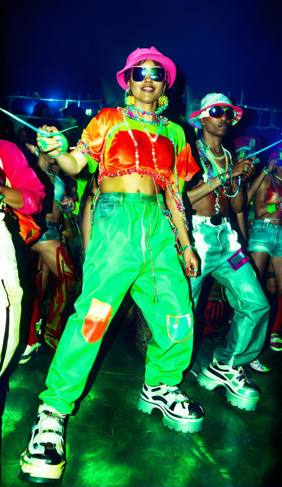 A vibrant photograph capturing 90s rave fashion with a group of young people in neon colors, oversized sunglasses, tie-dye tops, baggy pants, platform boots, bucket hats, smiley face t-shirts, and kandi bracelets