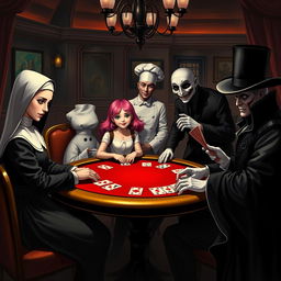 An intriguing scene set in a sinister casino where five unique characters gather around a poker table