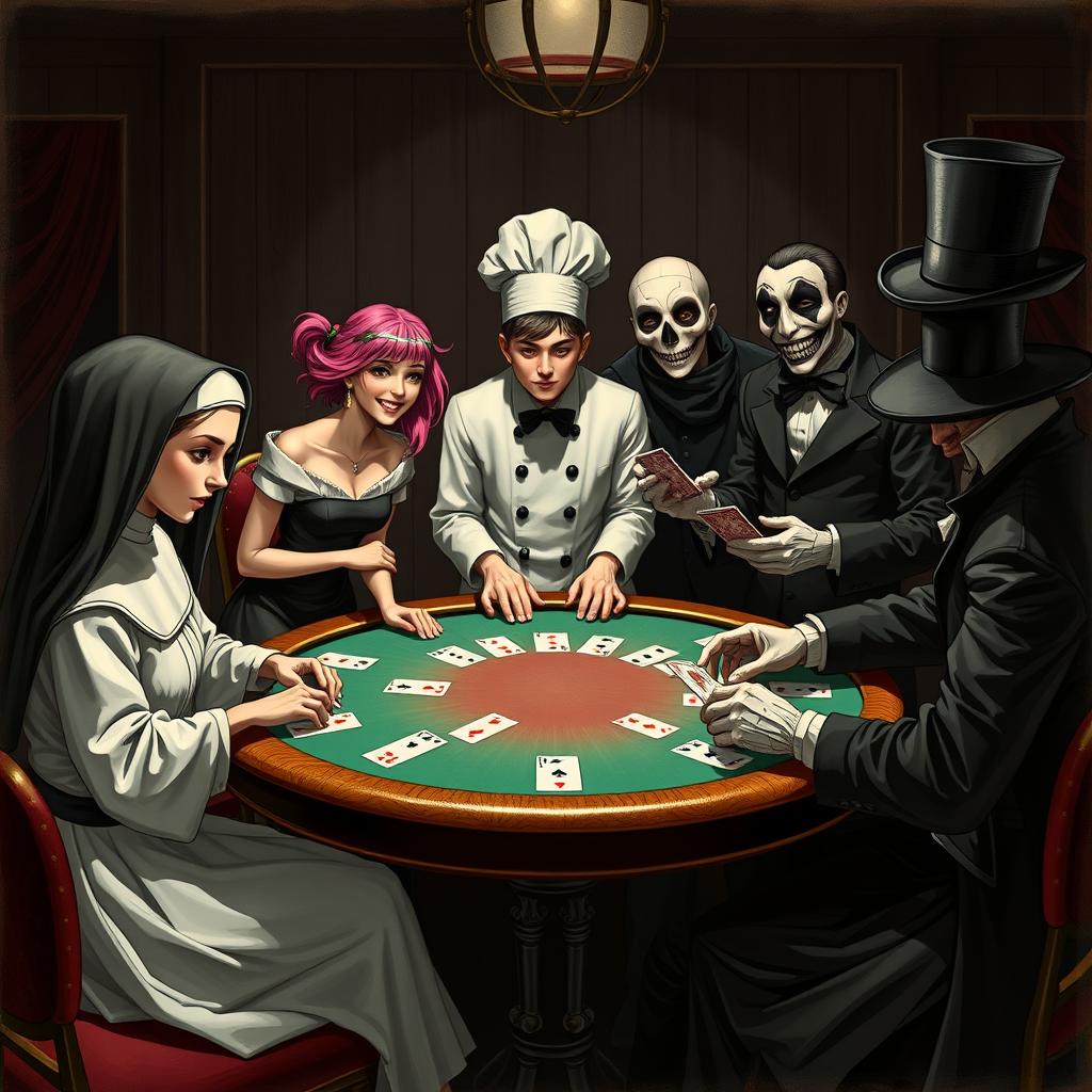 An intriguing scene set in a sinister casino where five unique characters gather around a poker table