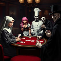 An intriguing scene set in a sinister casino where five unique characters gather around a poker table