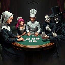An intriguing scene set in a sinister casino where five unique characters gather around a poker table