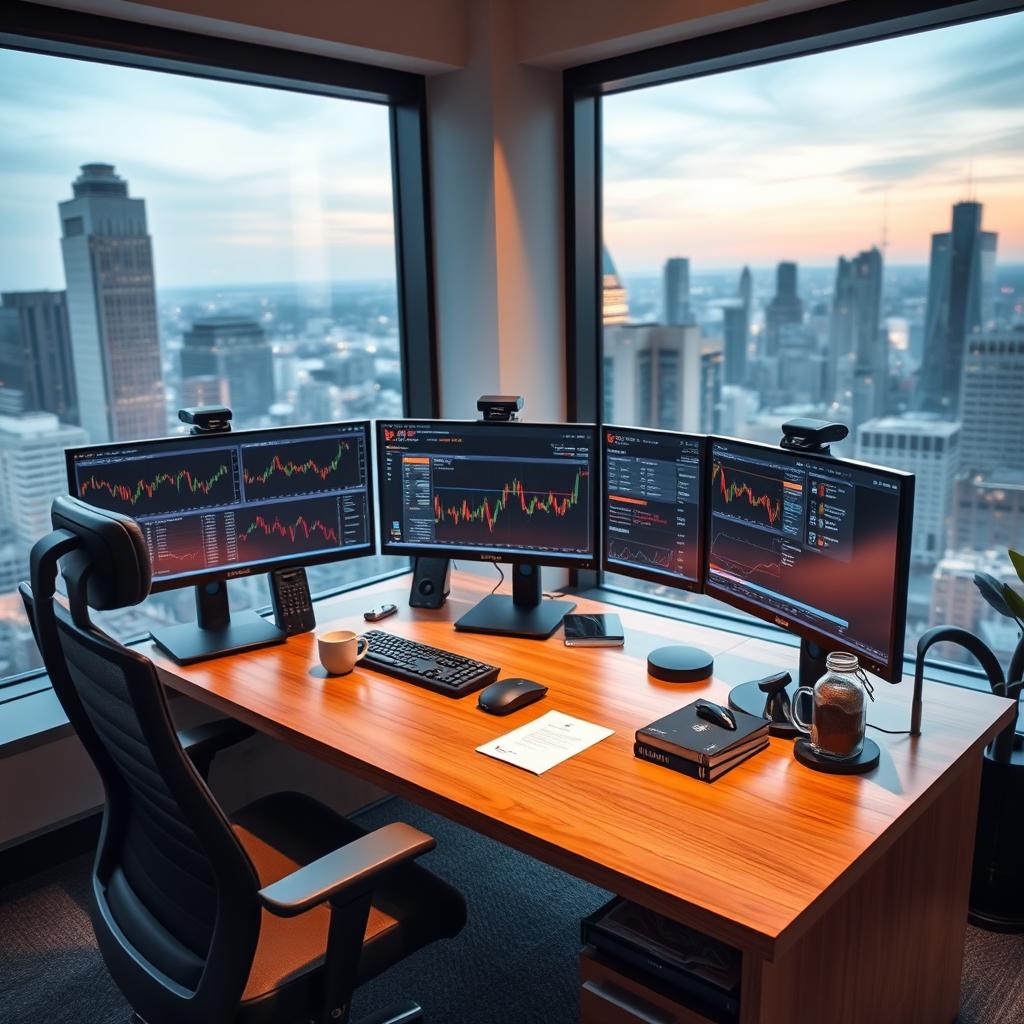 A modern trading desk designed for a single trader, equipped with five high-resolution monitors displaying various stock market data and trading charts