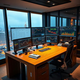 A modern trading desk designed for a single trader, equipped with five high-resolution monitors displaying various stock market data and trading charts