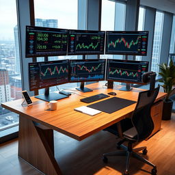 A modern trading desk designed for a single trader, equipped with five high-resolution monitors displaying various stock market data and trading charts