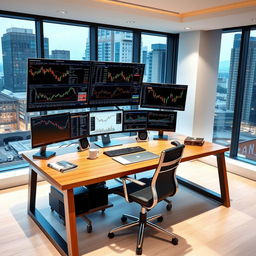 A modern trading desk designed for a single trader, equipped with five high-resolution monitors displaying various stock market data and trading charts