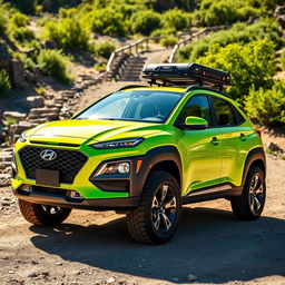 A bright lime green 2020 Hyundai Kona, outfitted with a robust roof rack and rugged off-road tires and wheels