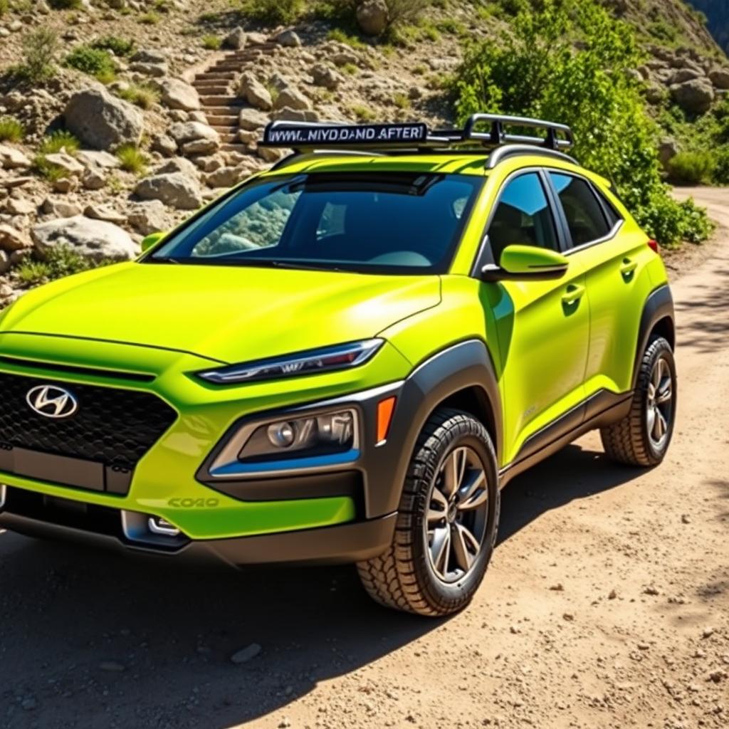 A bright lime green 2020 Hyundai Kona, outfitted with a robust roof rack and rugged off-road tires and wheels