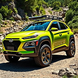A bright lime green 2020 Hyundai Kona, outfitted with a robust roof rack and rugged off-road tires and wheels