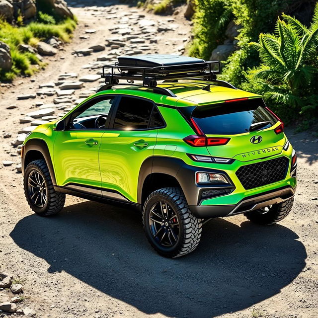 A bright lime green 2020 Hyundai Kona, outfitted with a robust roof rack and rugged off-road tires and wheels