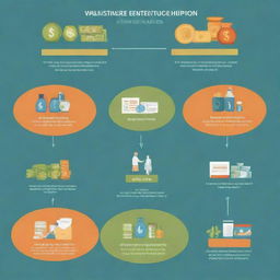 Infographic illustrating the steps towards wealth accumulation, including investing, entrepreneurship, budgeting, and saving